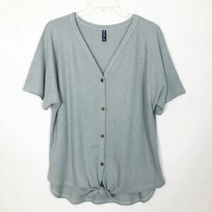 Iwollence Waffle Knit Button Front Short Sleeve Top L
